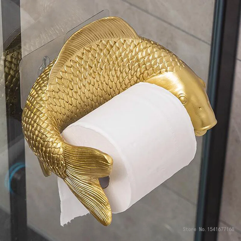 Creative Resin Paper Rack, Wall Mounted, Home Living Room, Bathroom Supplies, No Punching, Gold Carp Shape, Roll Holder, 1Pc