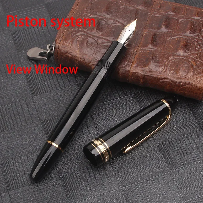 

Black Resin 149 Piston Fountain Pen with View Window Luxury Rollerball Pen Silver Gold Clip Business Office School Writing Pens