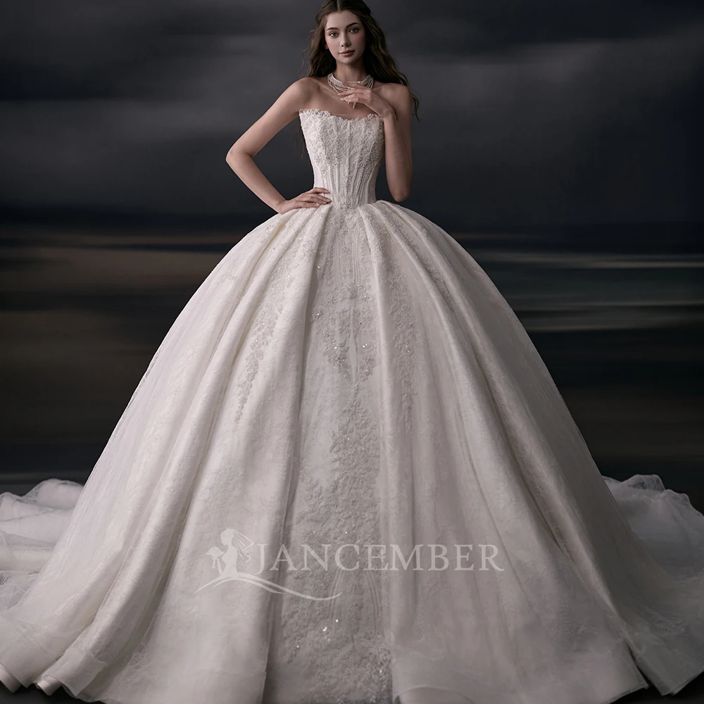 Charming White Ball Gown Customized Wedding Dress For Bride 2026 Strapless Lace Organza Skirt Long Train vestidos de novia boda