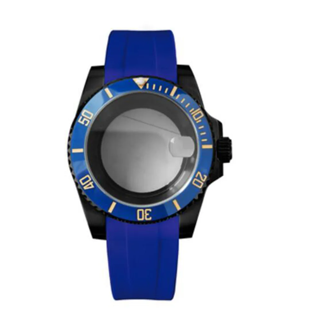 Stylish Watch Case + Blue Strap Electroplated Black Transparent Bottom Case Sapphire Magnifying Glass for NH35/36 Movement