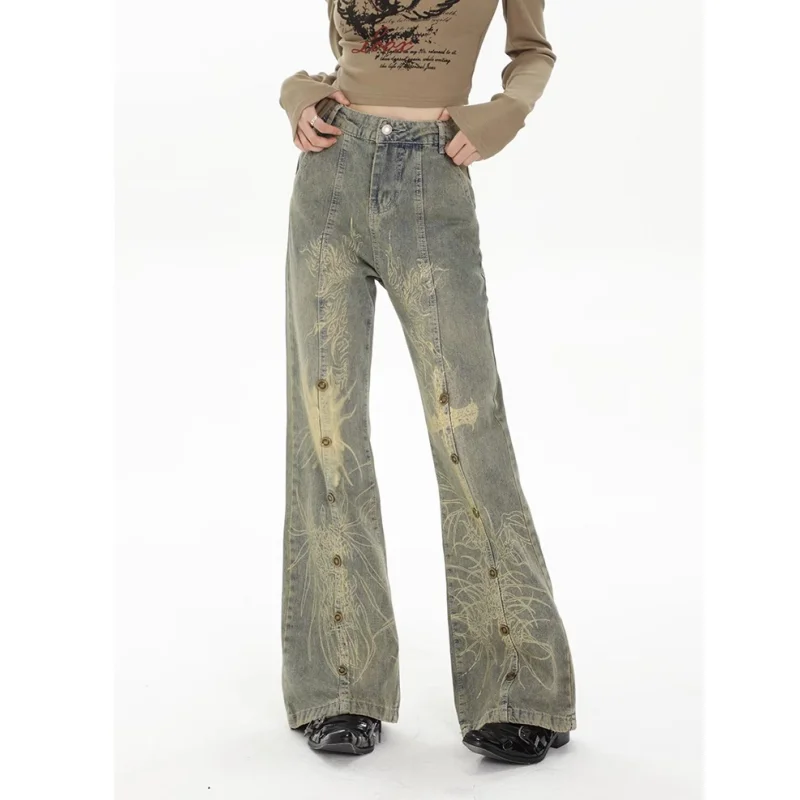 

Y2K Blue Spliced Women's Jeans Fashion Streetwear Casual Vintage Baggy Straight 2024 Printing Denim Trouser Mom Wide Leg Pants