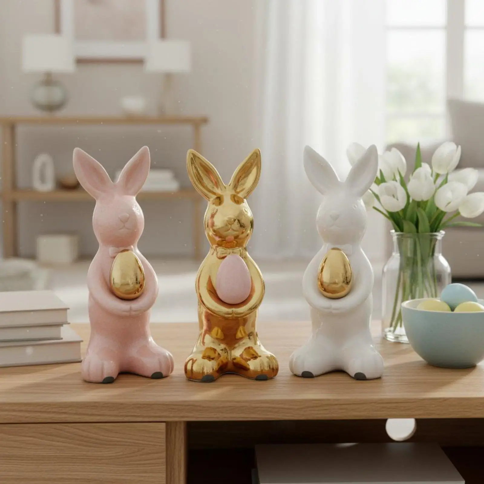 Glossy White Ceramic Bunny Ornament Porcelain Hare Statue with Gold Carrot for Shelf Desk Home Accent