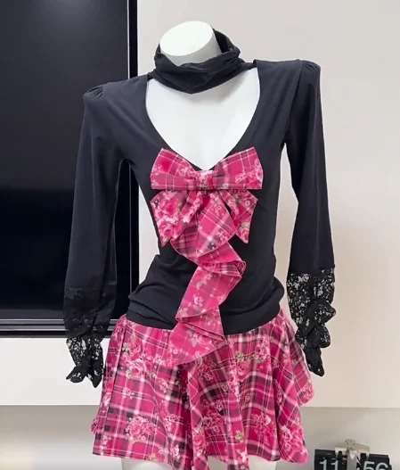 Long Sleeve Top and Skirt Set Mass-produced Mars Gal Style Women's Two-piece Sets Butterfly Bow Flower Printed Vintage Outfits
