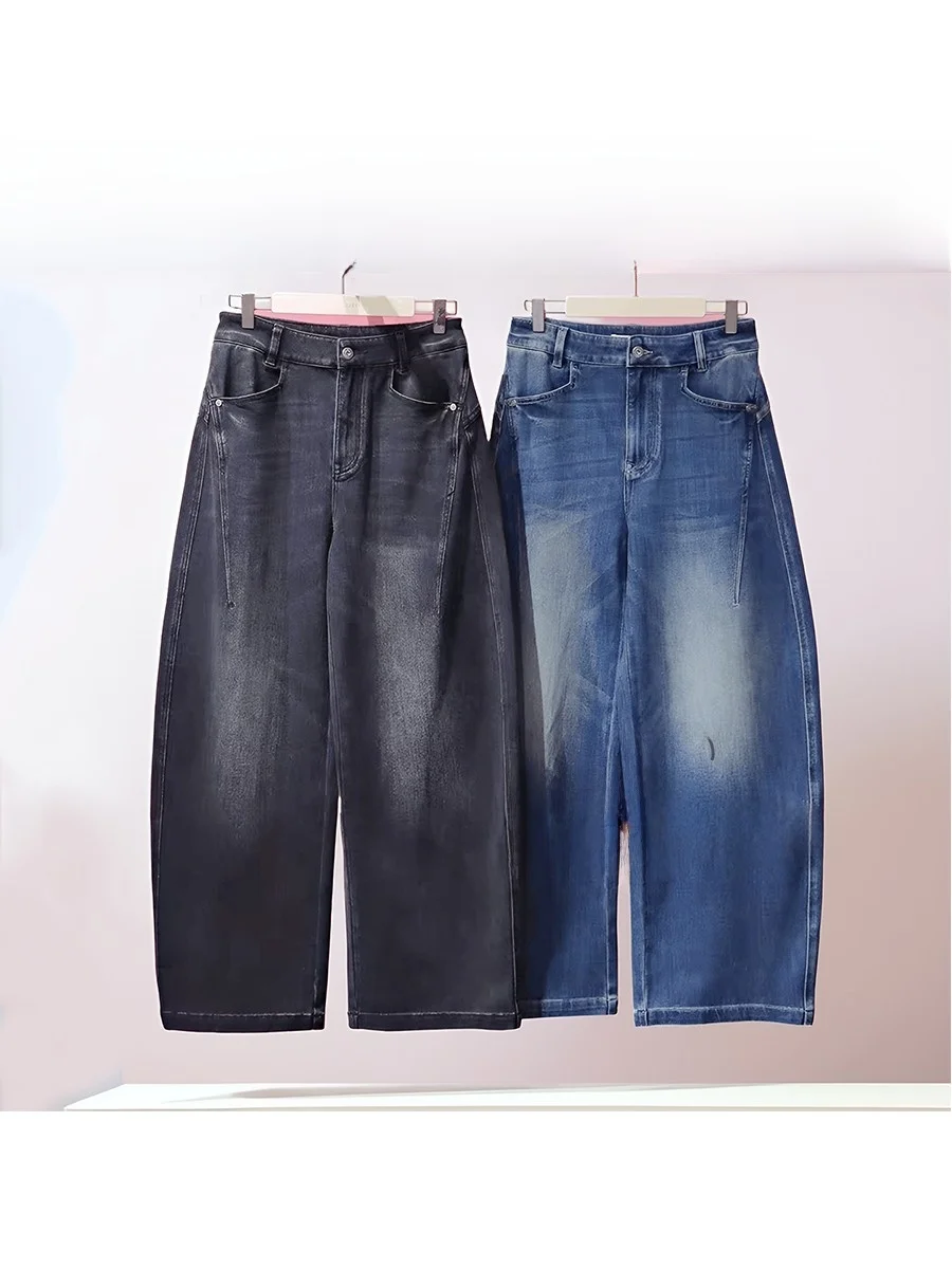 

Модные ретро-джинсы с высокой талией и прямыми штанинами, женские длинные брюки, осень 2025, новый стиль, универсальные, стройнящие, широкие джинсовые брюки