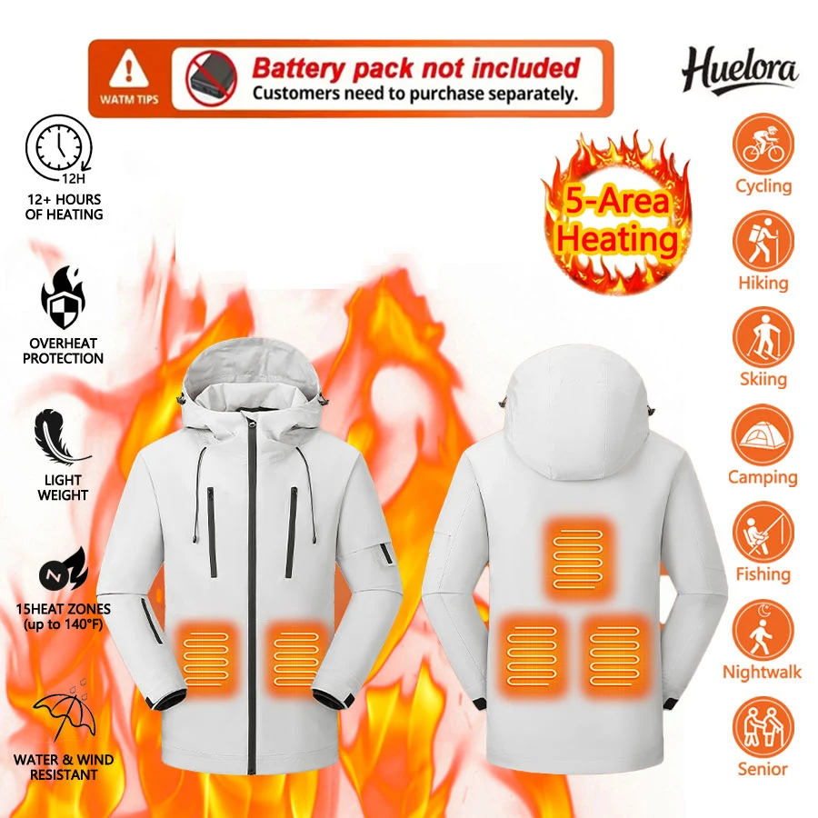 Fünf-Zonen-beheizter Kapuzenmantel, verdickt, warm, für Herren und Damen, Outdoor-Sportjacke, warme Herbst- und Winterjacke (keine Powerbank nicht im Lieferumfang enthalten)