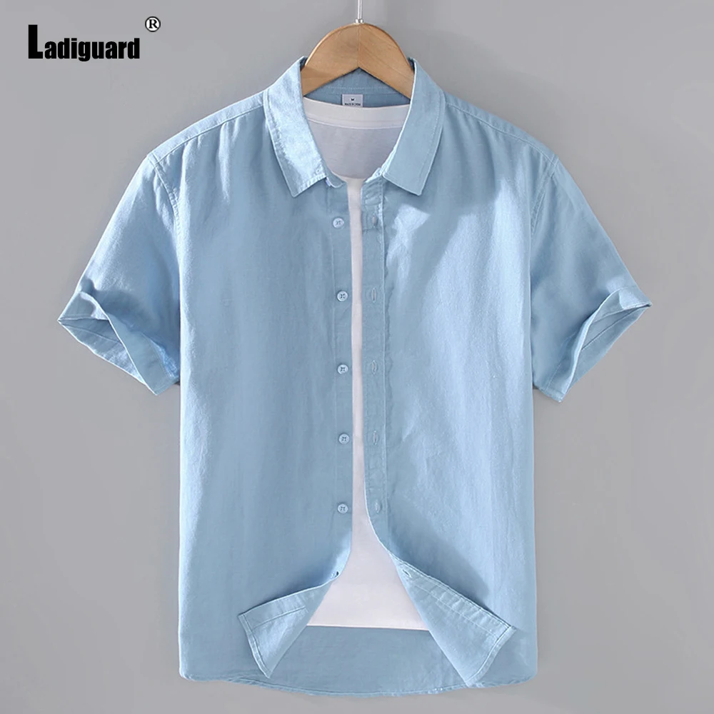 

Ladiguard 2023 Europe Cotton Linen Shirts Lepal Collar Shirt blusas Hommes Casual Blouse Plus Size Masculina Camisa Tops Wear