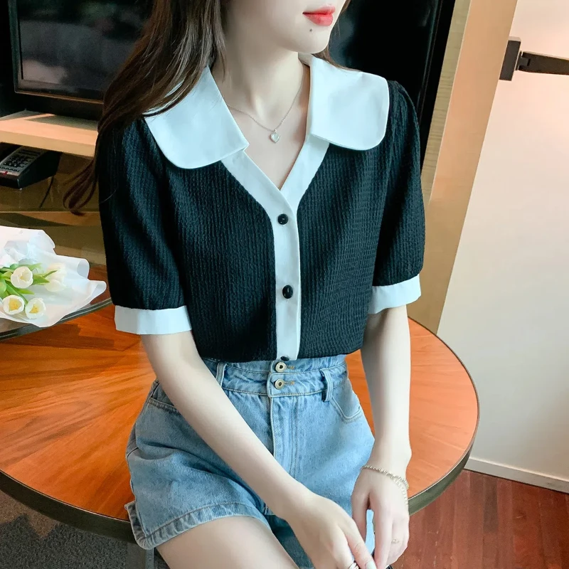 Fashion Contrast Button Shirt Tops Summer New Short Sleeve All-match Youth Solid Sweet T Shirts Elegant Korean Women Clothing