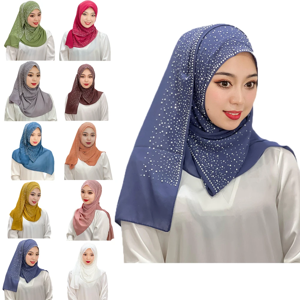 

Beautiful Solid Color Turban with Drill Abaya Hijabs for Woman Chiffon Scarf Muslim Square Scarf Shawl Wrap Islamic Stoles Hijab