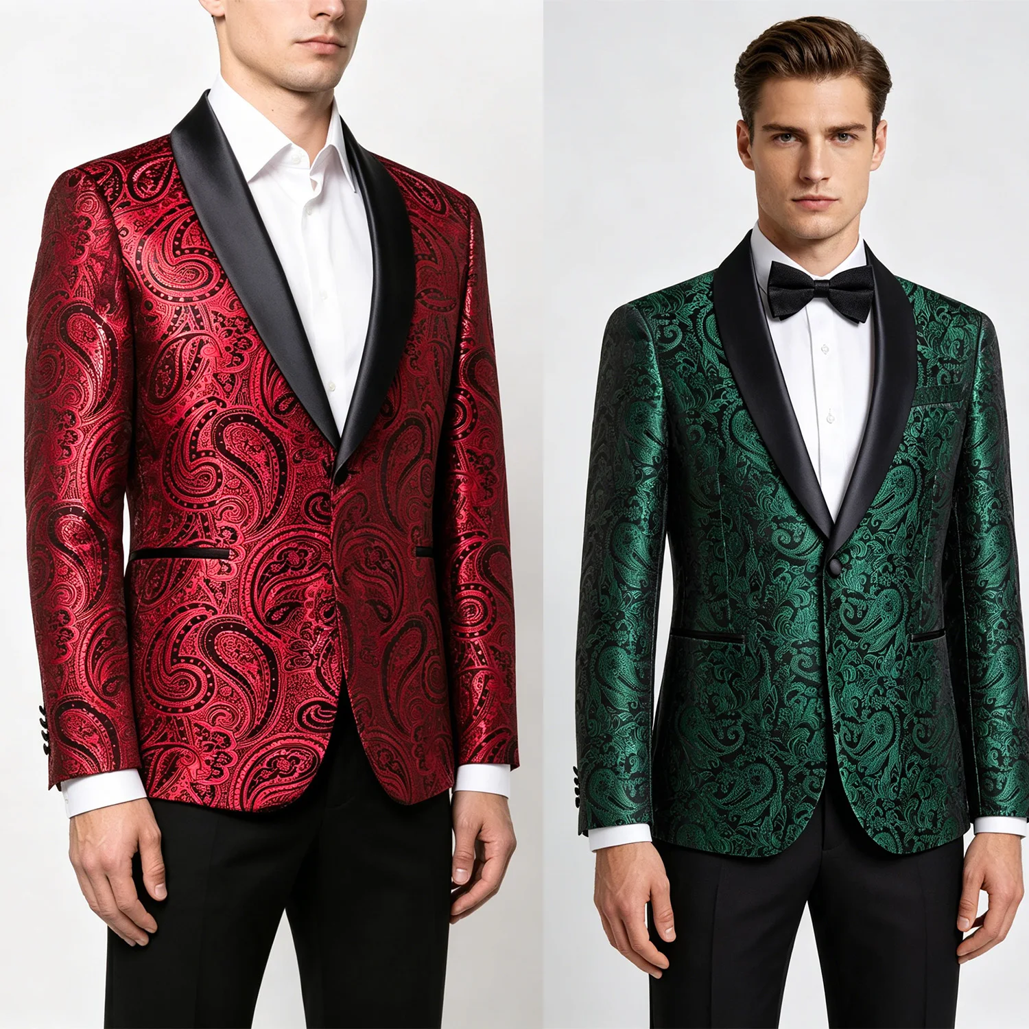 

Men's Green Red Jacquard Paisley suit top collar Jacket , single button, dinner and wedding attire (excluding bowtie)