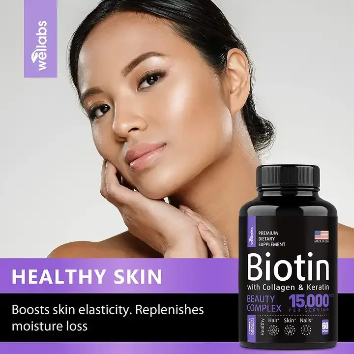 Pastillas de biotina + colágeno + queratina, suplemento dietético 15.000 Mcg VB, cápsulas de vitamina compleja, soporte para el blanqueamiento de la piel del cabello y las uñas, 60 unidades