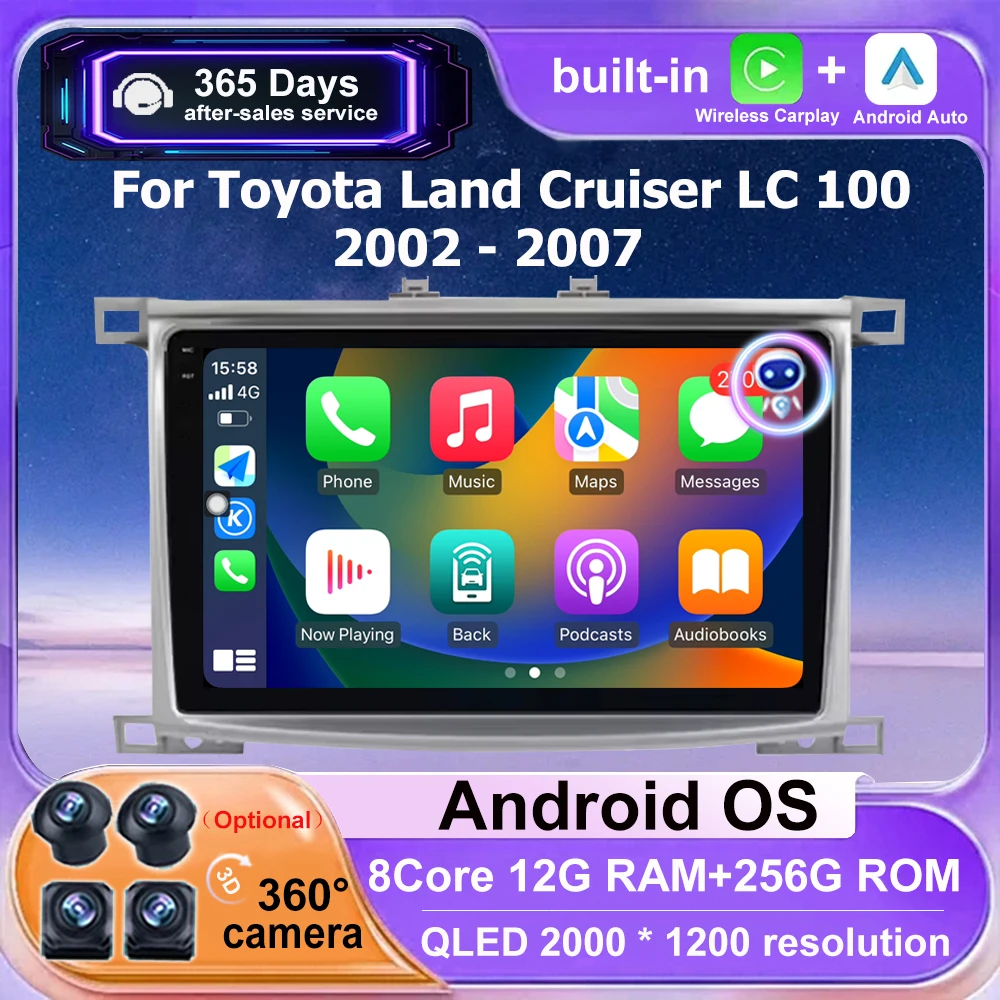 Фото 10-дюймовый автомобильный мультимедийный проигрыватель Android 16 с Bluetooth для Toyota Land Cruiser LC 100 2002-2007 и Lexus LX470 J100 2 II 2002-2007