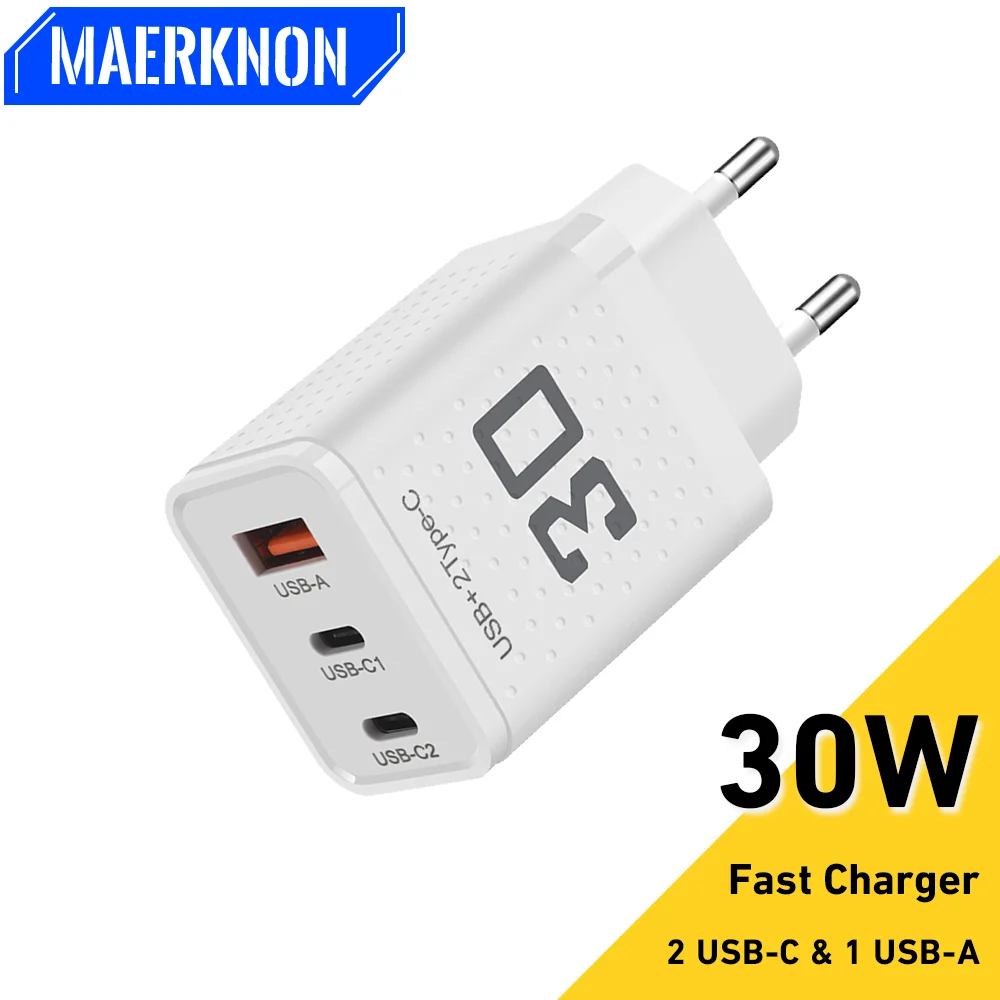 

30W USB Charger QC3.0 Type C PD Fast Charging 3 Ports Quick Phone Charger For iPhone Xiaomi Huawei EU/US/UK Wall USB Charge Plug