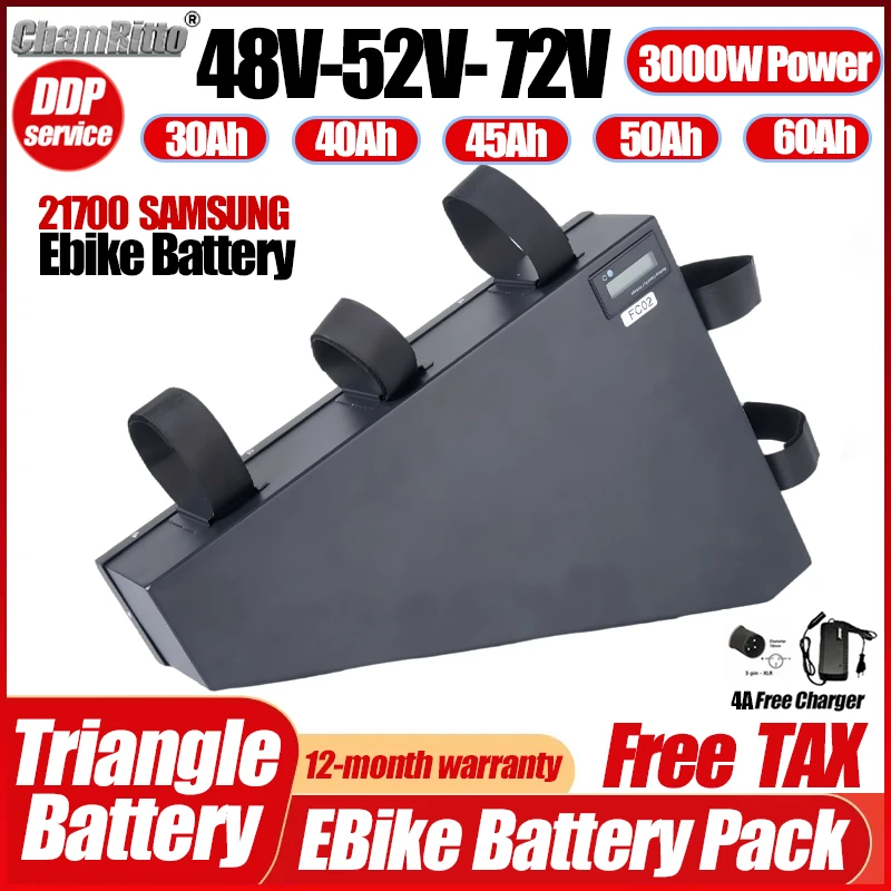 

Electric Bike Triangle 48V 60AH Battery 52V 45ah cham ride 72V 60V 50ah 40 30AH 80A BMS Huge Capacity 3000W Super Powerful 21700