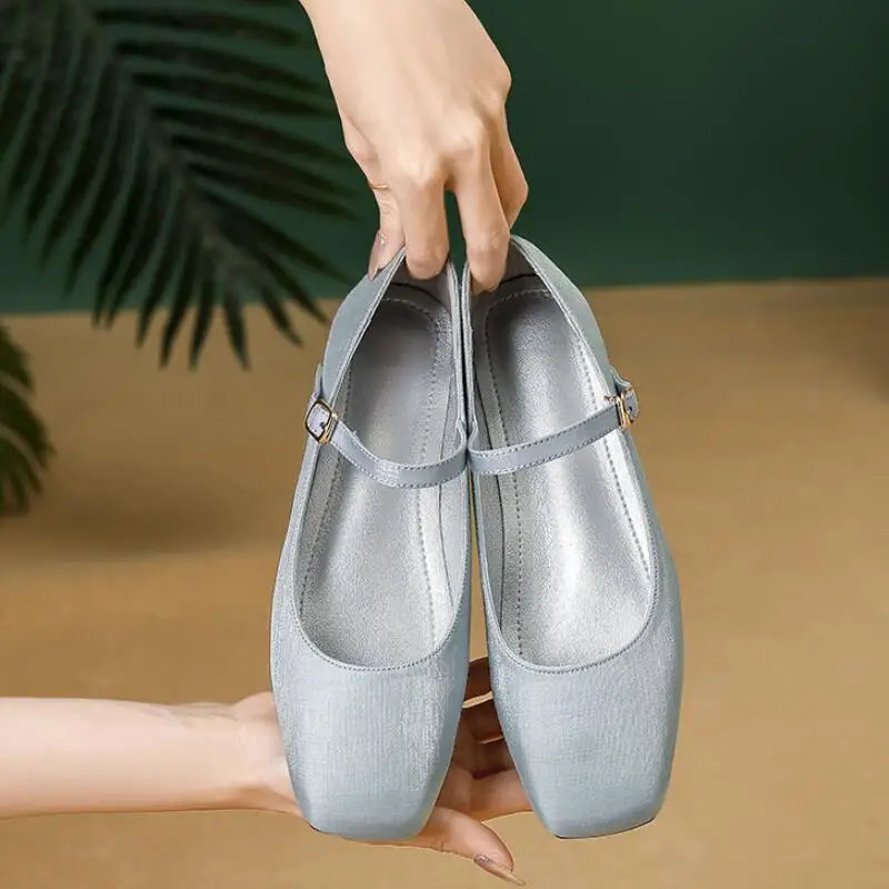 2024 New HOT Satin Mary Jane Women Flat Shoes Fashion Designer Shallow Buckle Ladies Comfort Flat Heel Ballerina Shoes Mujer