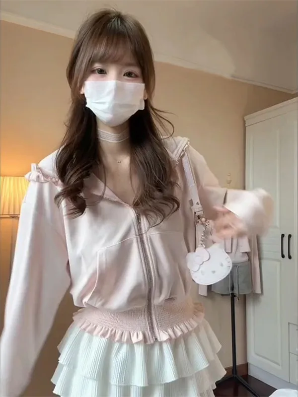 Pink Hooded Zipper Cardigan Sweater Women's Spring Autumn Slimming Sweet Design Short Style Fashionable Casual Long Sleeve