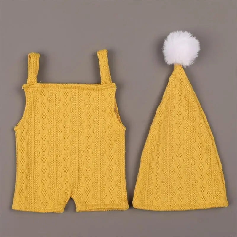 F1CB 0-2Month Baby Photo Outfit Overalls Jumpsuit Turban Hat Newborn Photography Costume Set Infant Photoshoot Outfit 2pcs