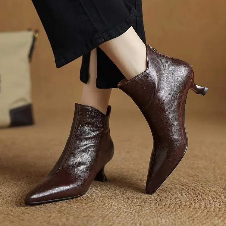 Vintage Spitze Damen Stiefeletten Mode Dickabsatz Schuhe Schlichte Kurze Botas De Mujer – Detail 7