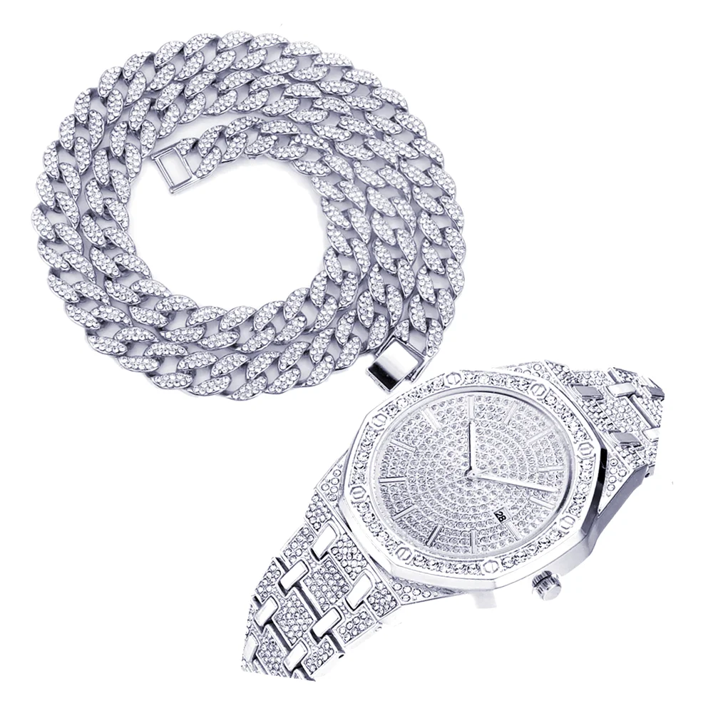 

Necklace Bracelet Luxury Watch Hip Hop Miami Cuban Chain Gold Watch for Men Iced Out Watches Paved Rapper Mens Watch Bangle Gift