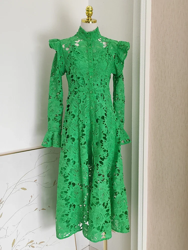 New In French Style Vintage Lace Embroidery Long Dress with Belt Two-piece Butterfly Sleeve Midi Dress Elegant Going Out Wearing