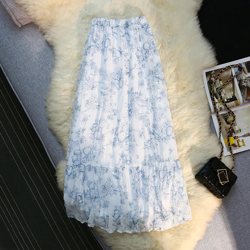 Spring Summer New 2024 Elegant Floral Print Tulle Mi-long Pleated Skirts Women's