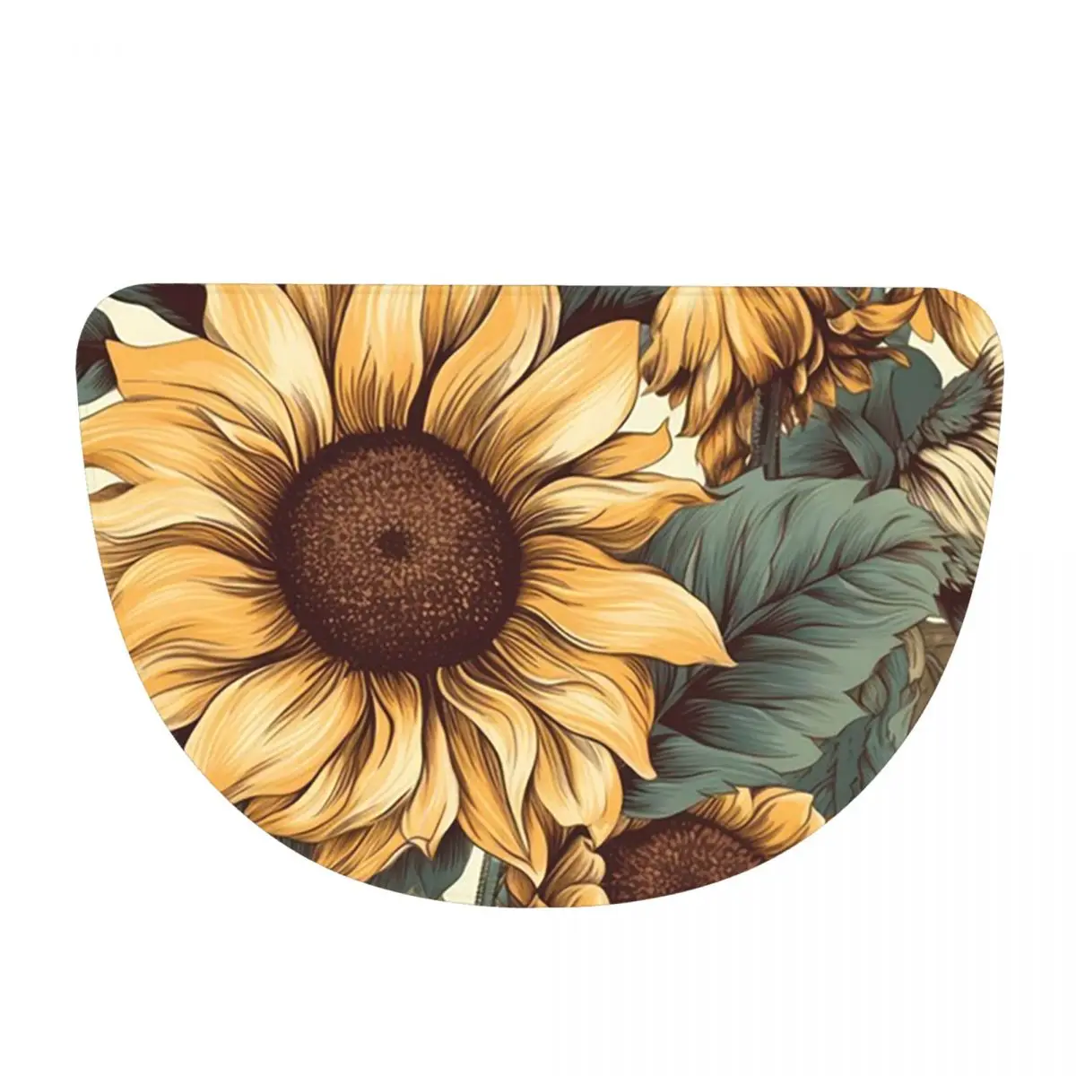 Golden Sunflower Cluster Vintage Botanical Drawing Soft Flannel Half Round Doormat Non Slip Bathroom Mat Absorbent Floor Carpet
