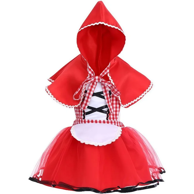 Kids Fairy Tale Storybook Dress Girls Role Play Party Costume Hooded Cloak Red Plaid Lace Up Skirt Halloween Holiday Outfit