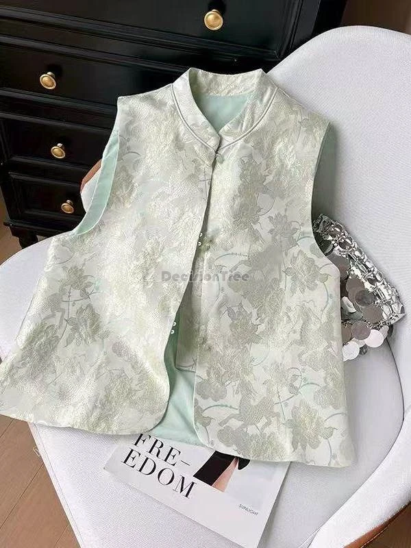 

2026 chinese retro vintage-style cheongsam buttoned tang suit vest stand collar sleeveless jacquard women elegant cheongsam vest
