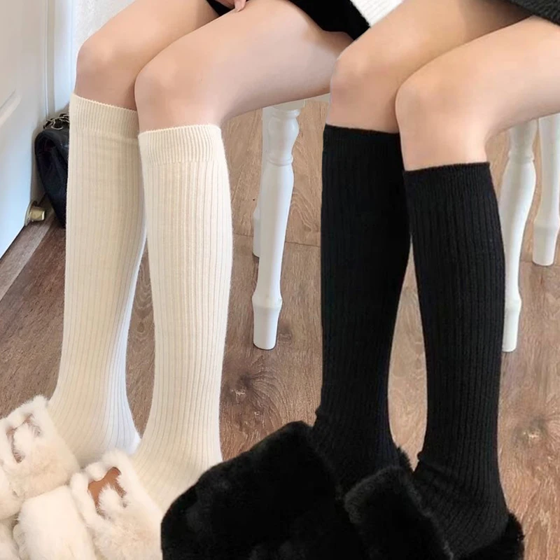 

Solid Color Knitted Long Socks Women Autumn Winter Warm Cashmere Stockings Casual Thick Boot Over Knee-High Calf Socks Legging