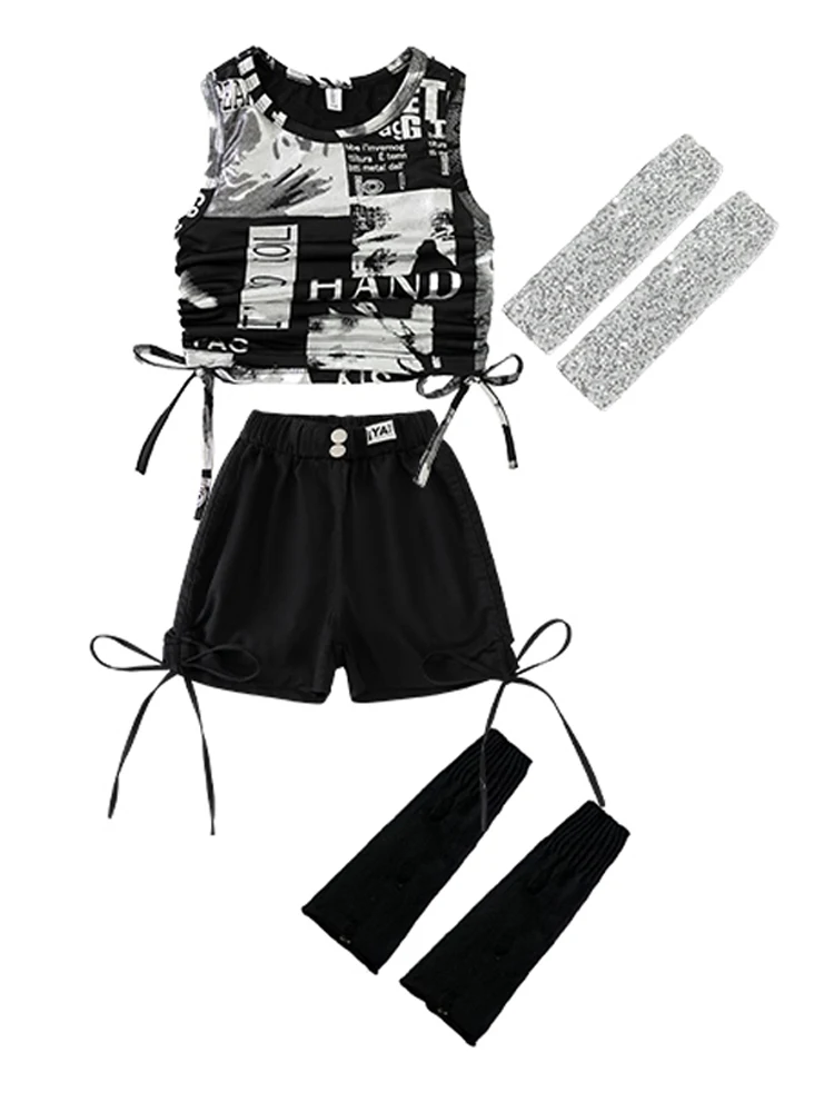 Kpop Girls Jazz Dance Clothes Sleeveless Navel Tops Cheerleading Dance Performance Suit Kids Fashion Street Dancewear BL16660