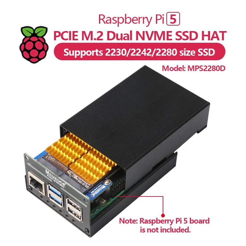 MPS2280D Raspberry Pi 5 PCIE M.2 Dual NVME SSD HAT support 2280/2242/2230 SSD
