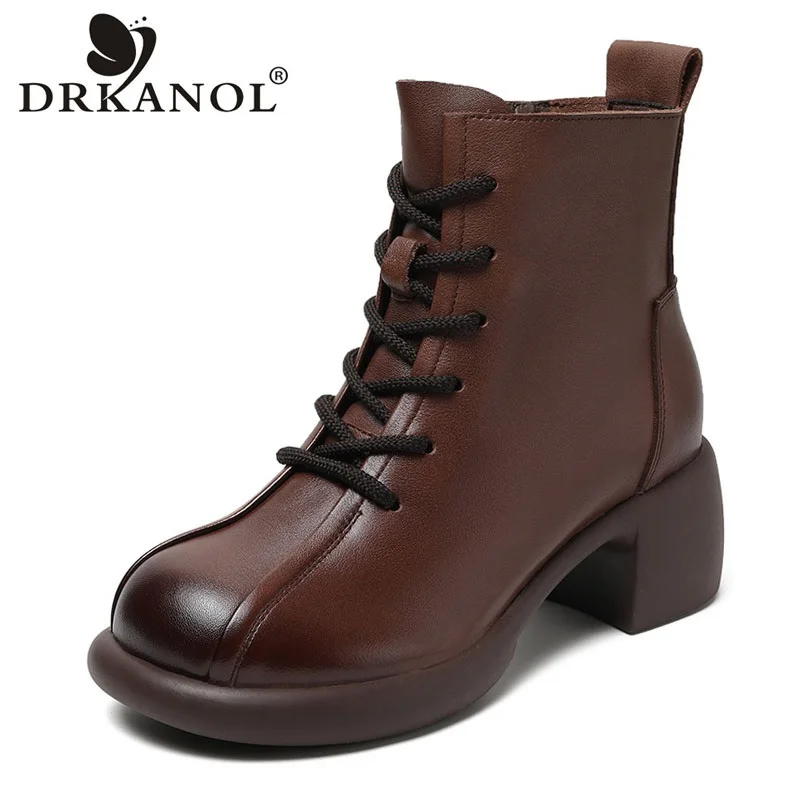 DRKANOL 2024 Women Genuine Leather High Heel Boots Autumn Winter Warm Ankle Boots Handmade Retro Zipper Round Toe Short Boots