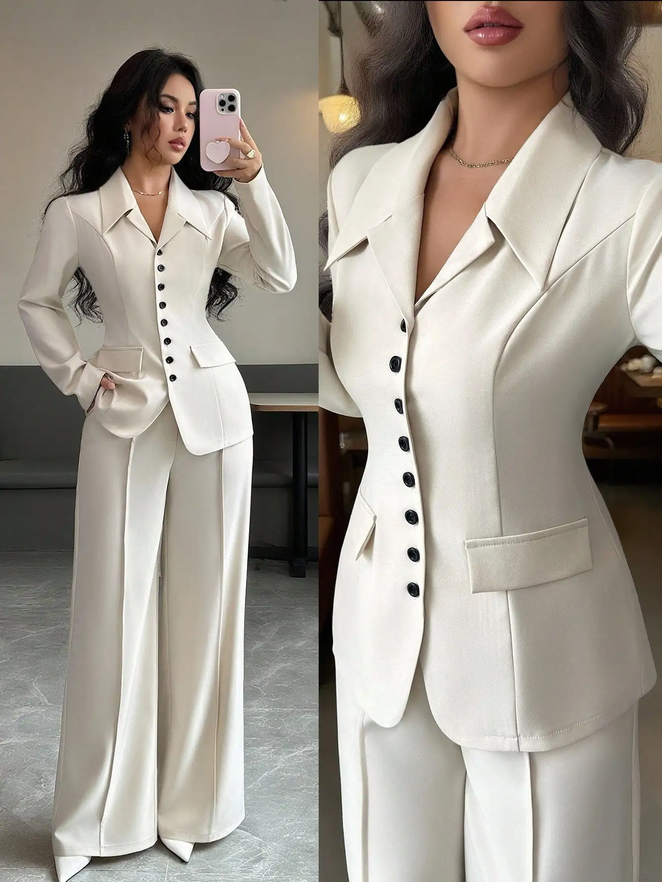 Cream Solid Color Tailored Blazer & Wide Leg Pants 2-Piece Set, V-Neck, Contrast Buttons, Formal Office Wear