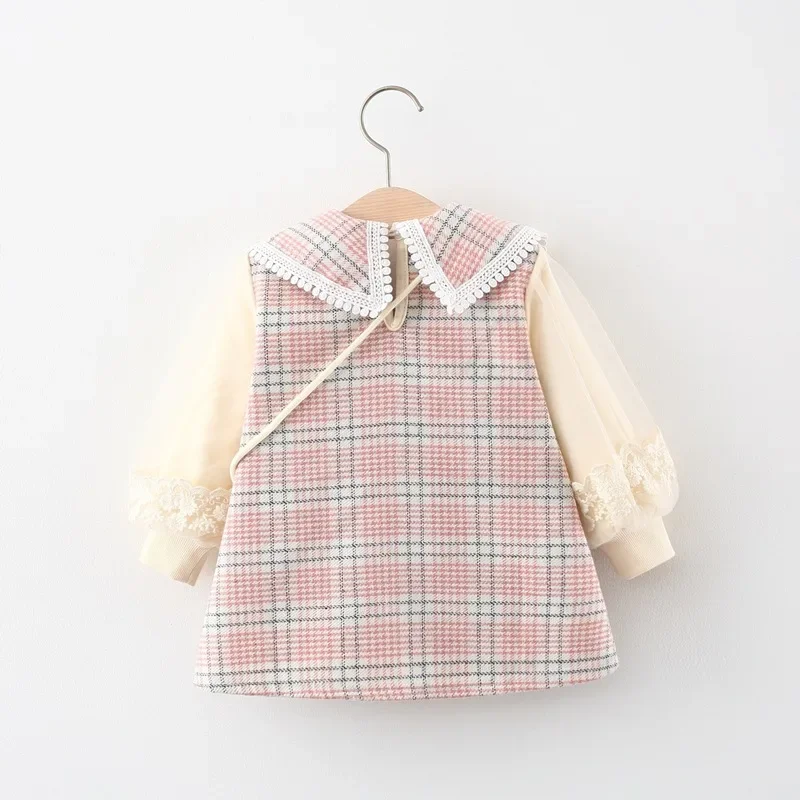 Korean Toddler Girl Dresses Spring Autumn Long Sleeve Elegant Princess Dress Cute Bow Mesh Plaid Kids Dress Baby Clothes Outfit