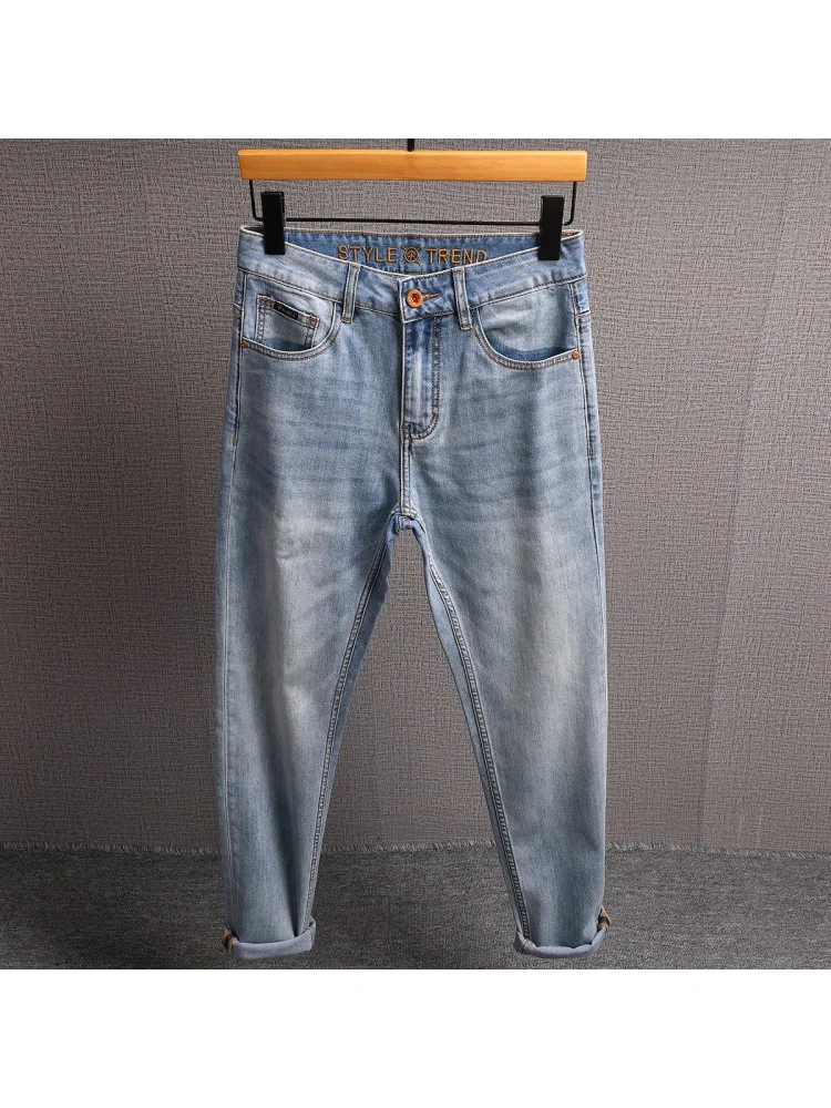 Высококачественные светлые джинсы, мужские летние тонкие мягкие эластичные тонкие маленькие повседневные брюки с прямыми штанинами