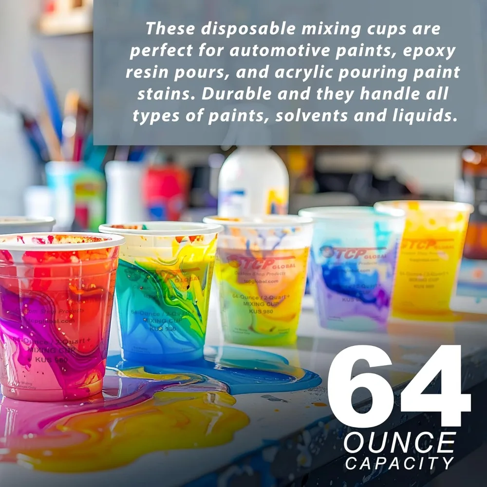 64oz Plastic Mixing Cups - 100 Pack for Auto Paint, Epoxy, Acrylic Resin & Liquids