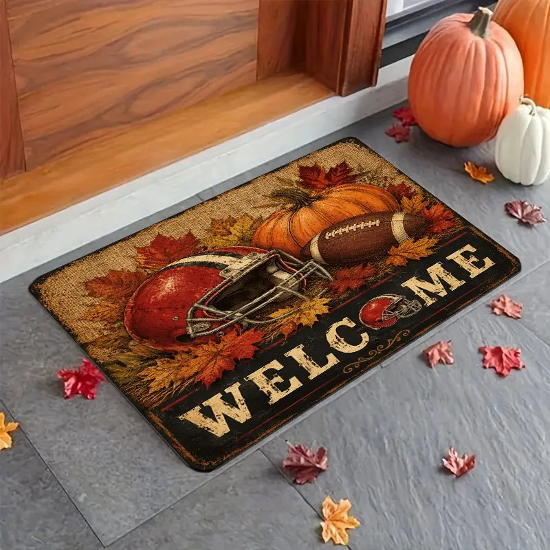 1pc Football‑Helmet‑Pumpkin‑Fall‑Leaves Print Welcome Doormat, Non‑Slip Washable Floor Mat for Porch, Bedroom, Living Room