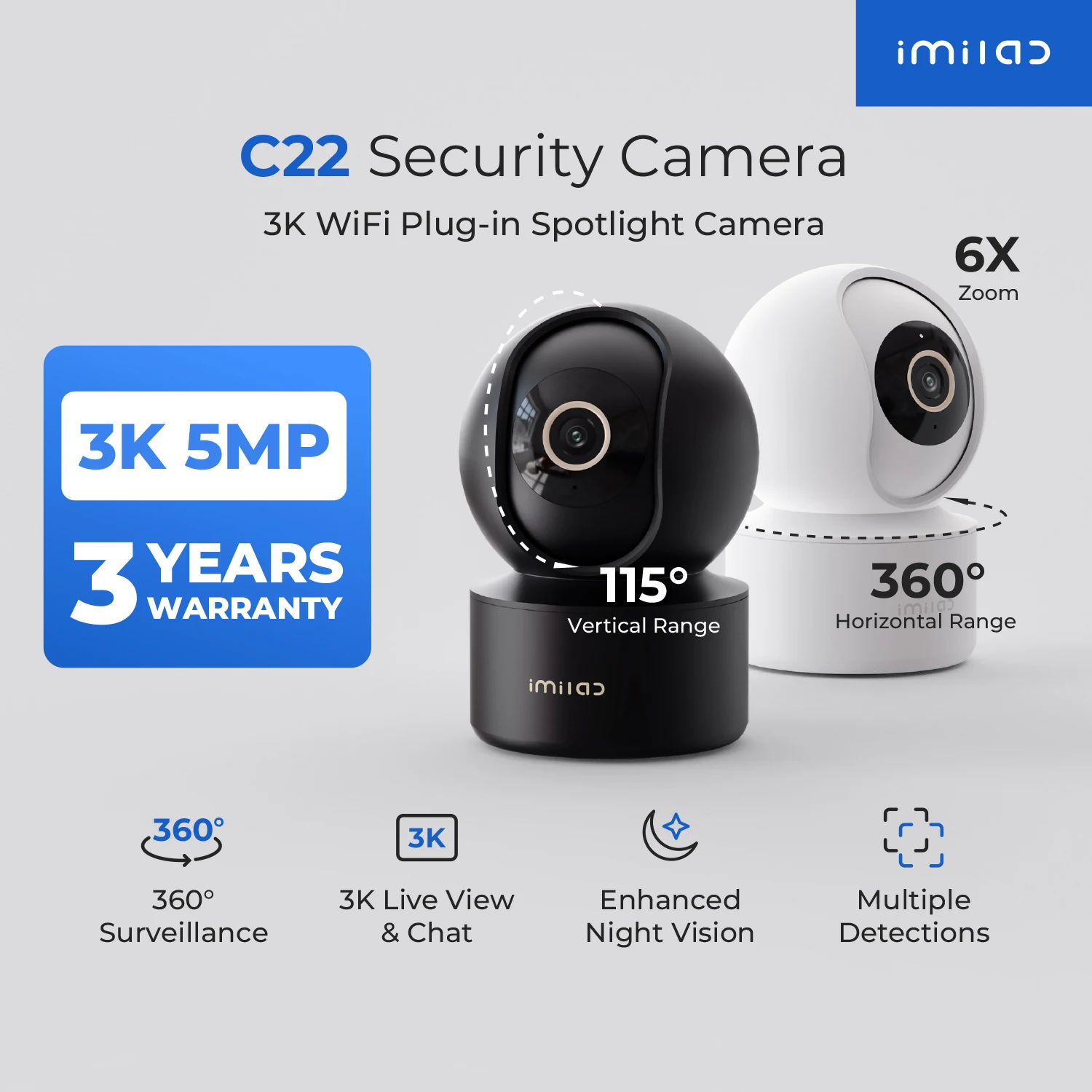 

IMILAB C22 3K Security Indoor Camera - 360° View Home Camera with Color Night Vision for Baby/Pet Monitor WiFi6 AI Detection