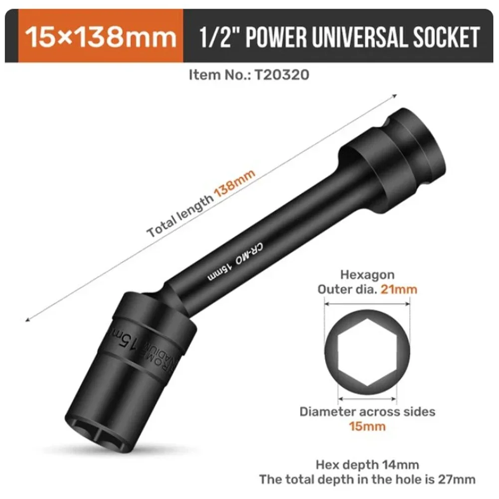 Impact obrotowy adapter z łbem sześciokątnym 1/2 cala napęd uniwersalny przegub Cr-Mo stalowy konwerter klucza 12-19mm