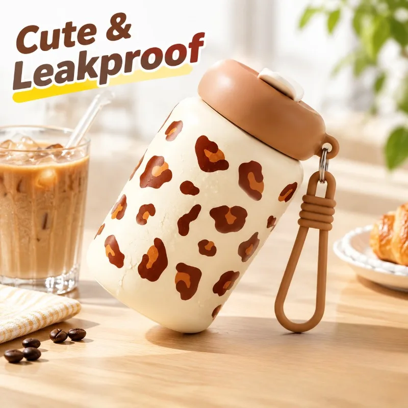 Leopard Print Water Bottle 316 Stainless Steel Insulated Cup Dual Drinking Lid Leakproof Cold Hot Thermos Small Coffee Cup for