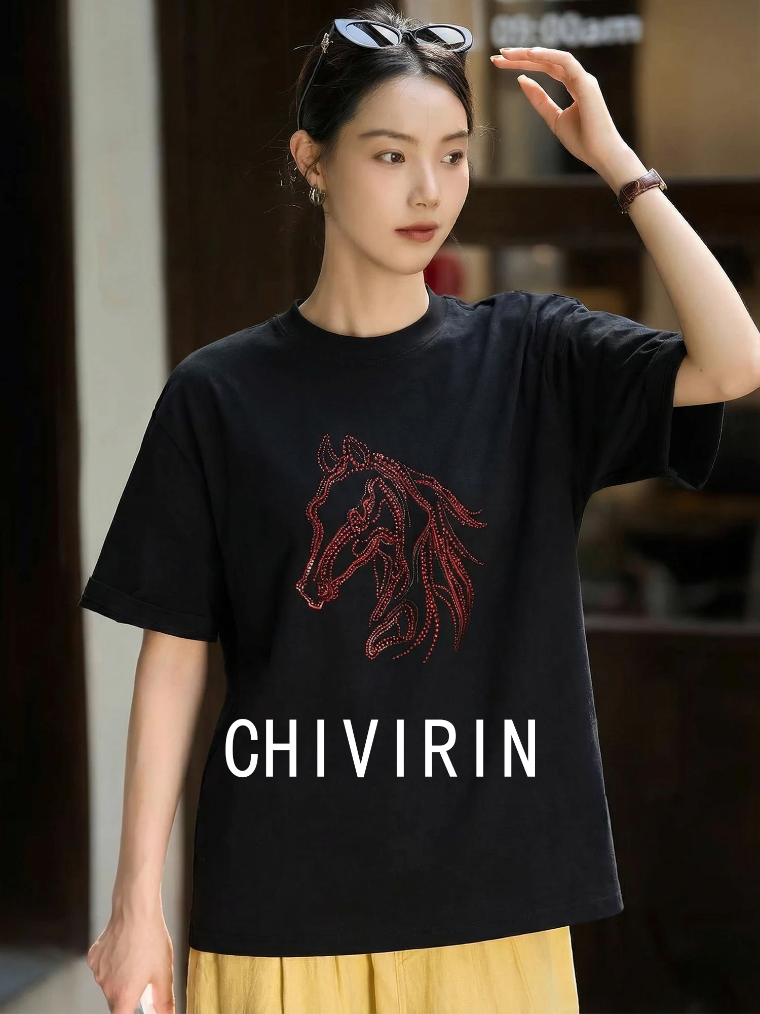 

Loose Women's ort Sve T-irt Year Pattern Printed Bla Casual Top Spring Summer New Sle Chivirin Breathable Co...