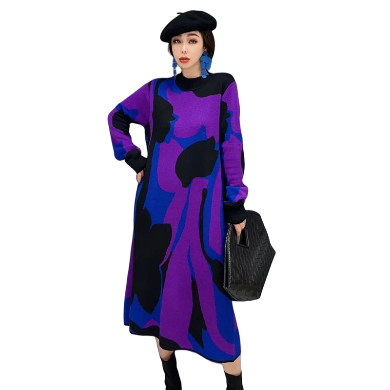 Purple 2024 Spring Autumn Round Neck Pullover Knitting Dress Loose Mid-length Blocking Sweater Dress Women Purple Dress LHX3540