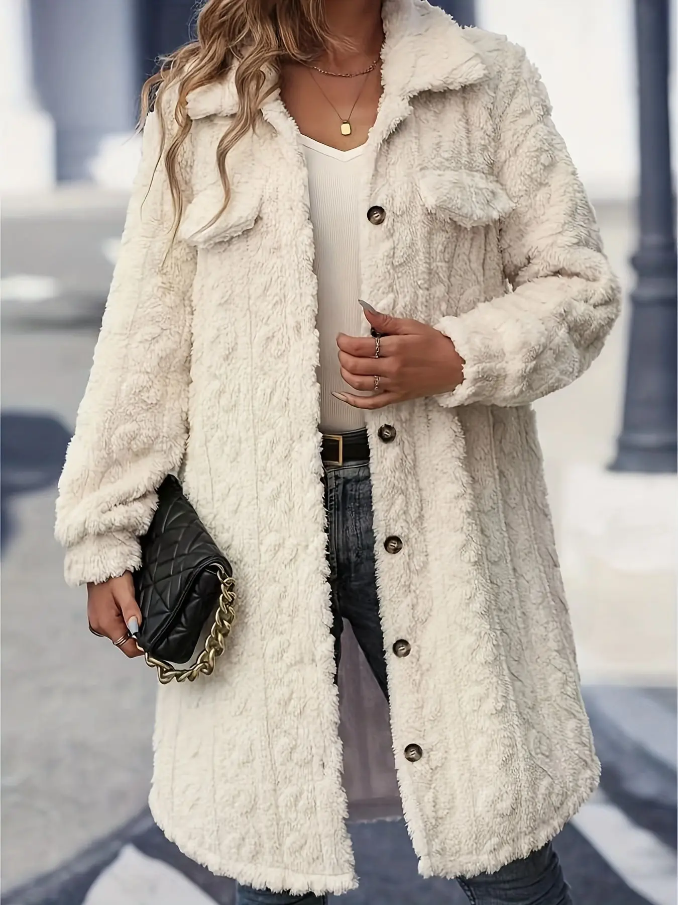 Collar-buttoned Cardigan with Double-sided Plush Fabric, Casual Long Coat