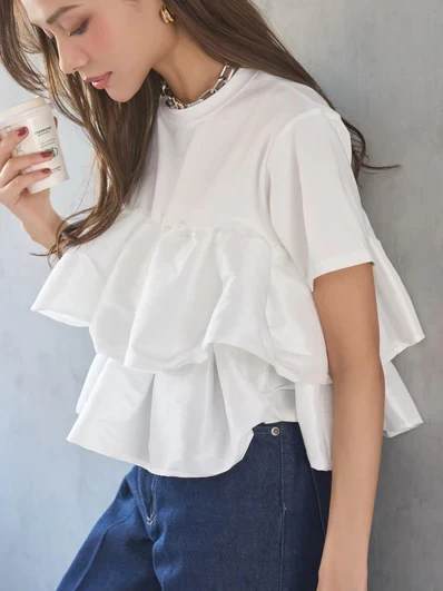 

Japanese Style Short Sleeve T-Shirt Women's Cotton round Neck Pure Cotton Design Sense Splice Hem Shortened Age Shirt