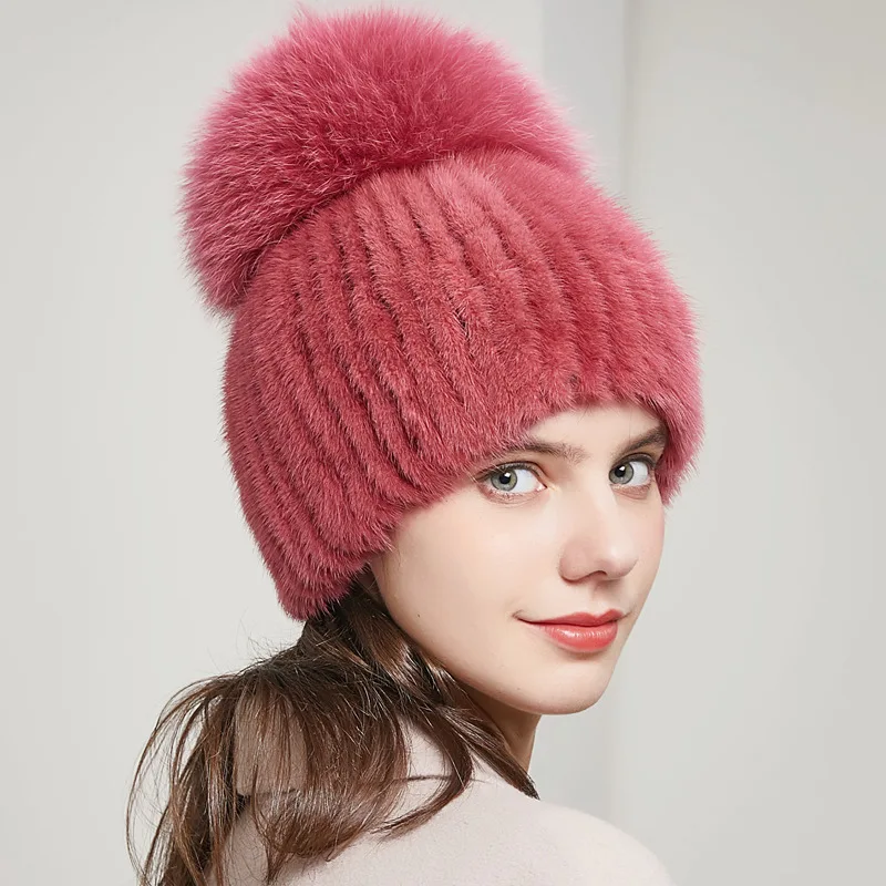 New Genuine Real Fox Fur Hat Women's  Winter Thick Warm Mink Fur Cap with Ball Elastic European American Fashion Earflap Hats