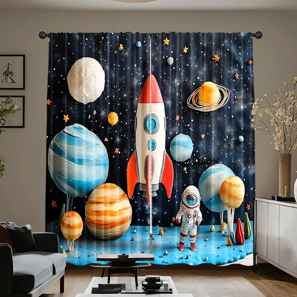 Two-piece curtain set featuring cartoon rocket and planet designs (curtain rod not included), suitable for bedrooms offices