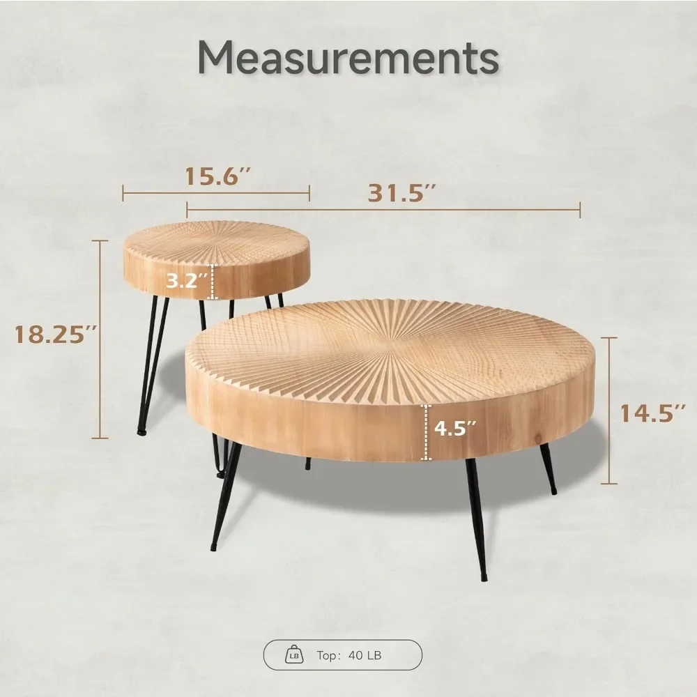 2-Piece Modern Farmhouse Coffee, Nesting Round Natural Finish with Handcrafted Wood Radial Pattern Living Room Table Sets