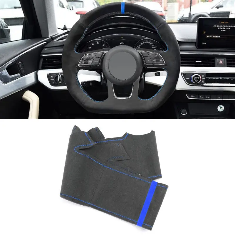 

Steering Wheel Cover For Audi A3 8V/8Y 2017-2022 S3 A4 B9/8W S4 A5 8W6 S5 Q2 SQ2 Hand-sewing Suede Leather Blue Strip Threads
