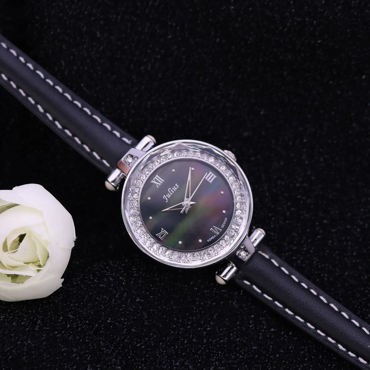 Small Rhinestones Julius Lady Women's Watch Mother-of-pearl Japan Quartz Fashion Hours Bracelet Leather Girl's Gift No Box