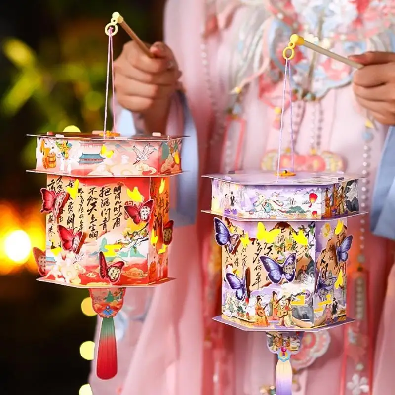Traditional Chinese Paper Lantern DIY Handheld Kit with LED Light Easy Assemble for Kids Holiday Art Activity