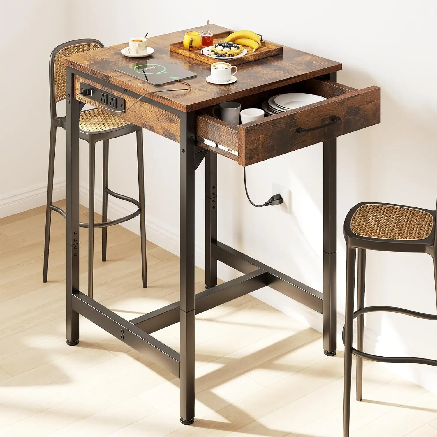 

24x24 Inch Bar Table with Power Outlets & Storage, Modern Counter Height Pub Table with Sturdy Legs for Kitchen & Dining, High